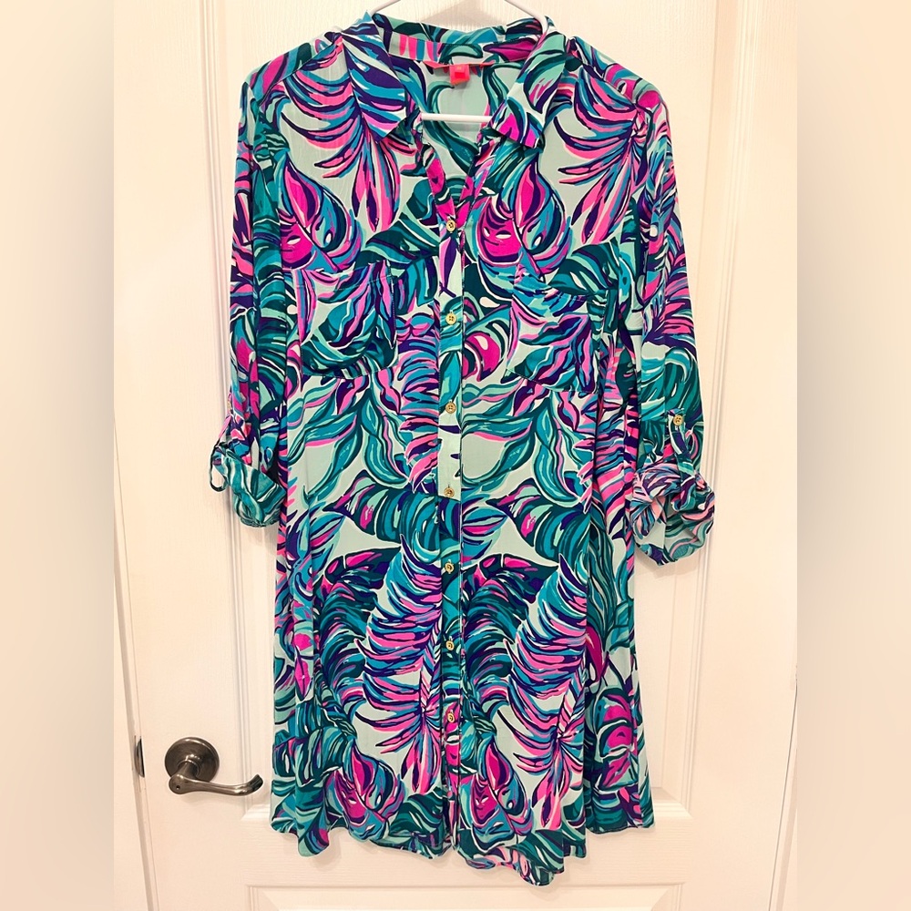 Lilly Pulitzer Pink and Blue Leaf Print beach dress